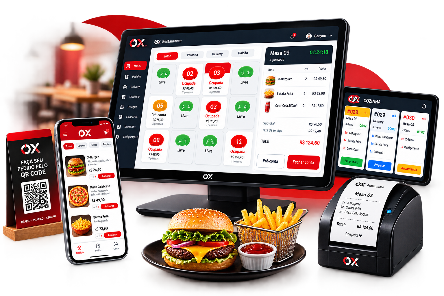 Tela de mesas, cardápio digital com QR code, painel de cozinha e impressora do sistema OXFood em uso